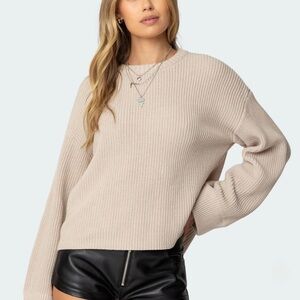 Edikted Neutral Beige Ribbed Crewneck Sweater